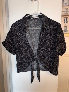 Urban Outfitters Black Polka Dot Tie-Front Button Down